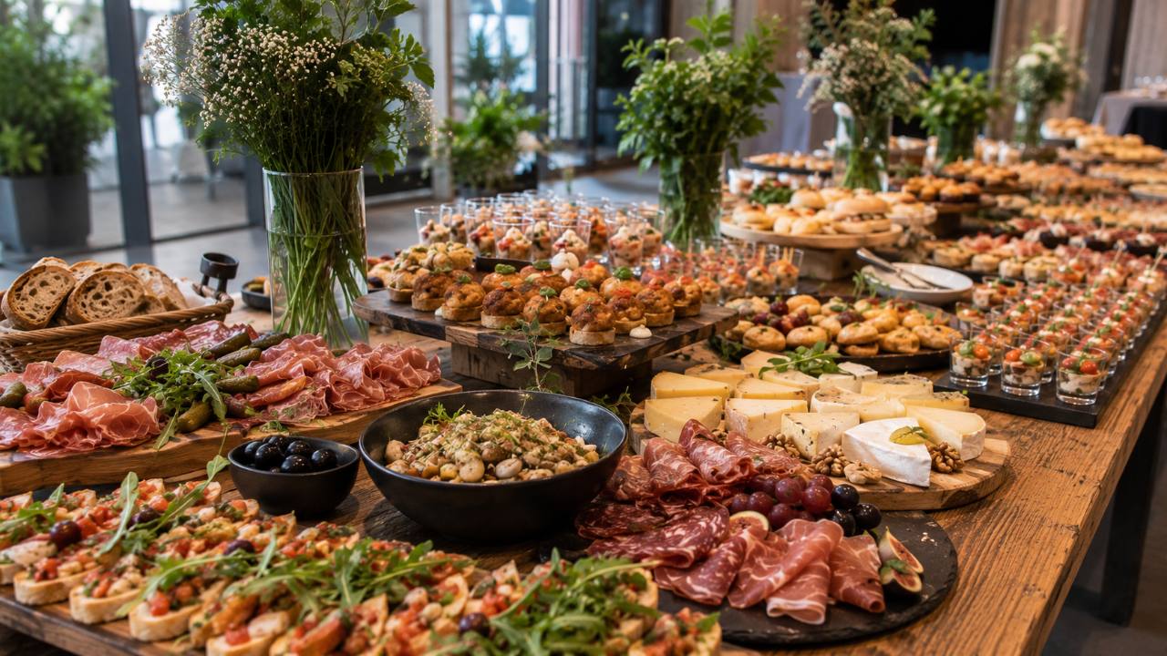 Buffet apéritif généreux avec pièces salées, fromages et charcuteries