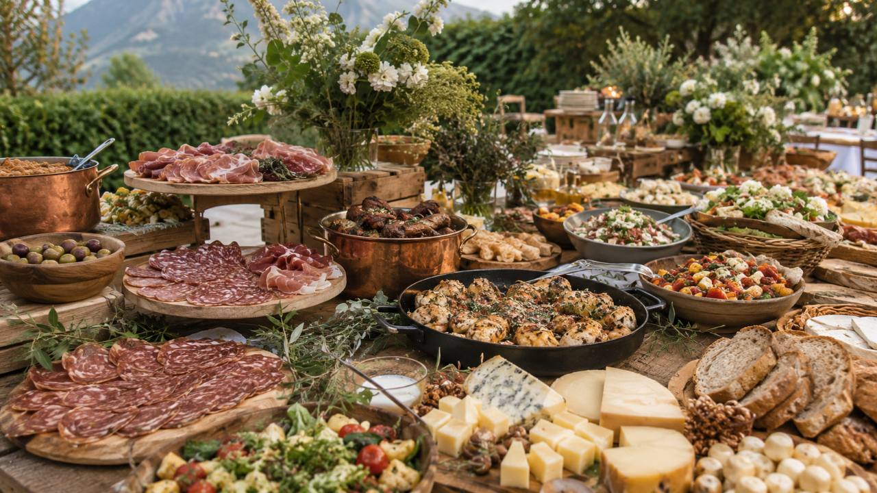 Buffet traiteur généreux avec charcuteries, fromages et plats à partager